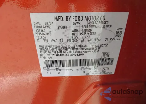 2007 Ford Edge Sel z USA, uszkodzony, nr VIN 2FMDK48C47BA91280